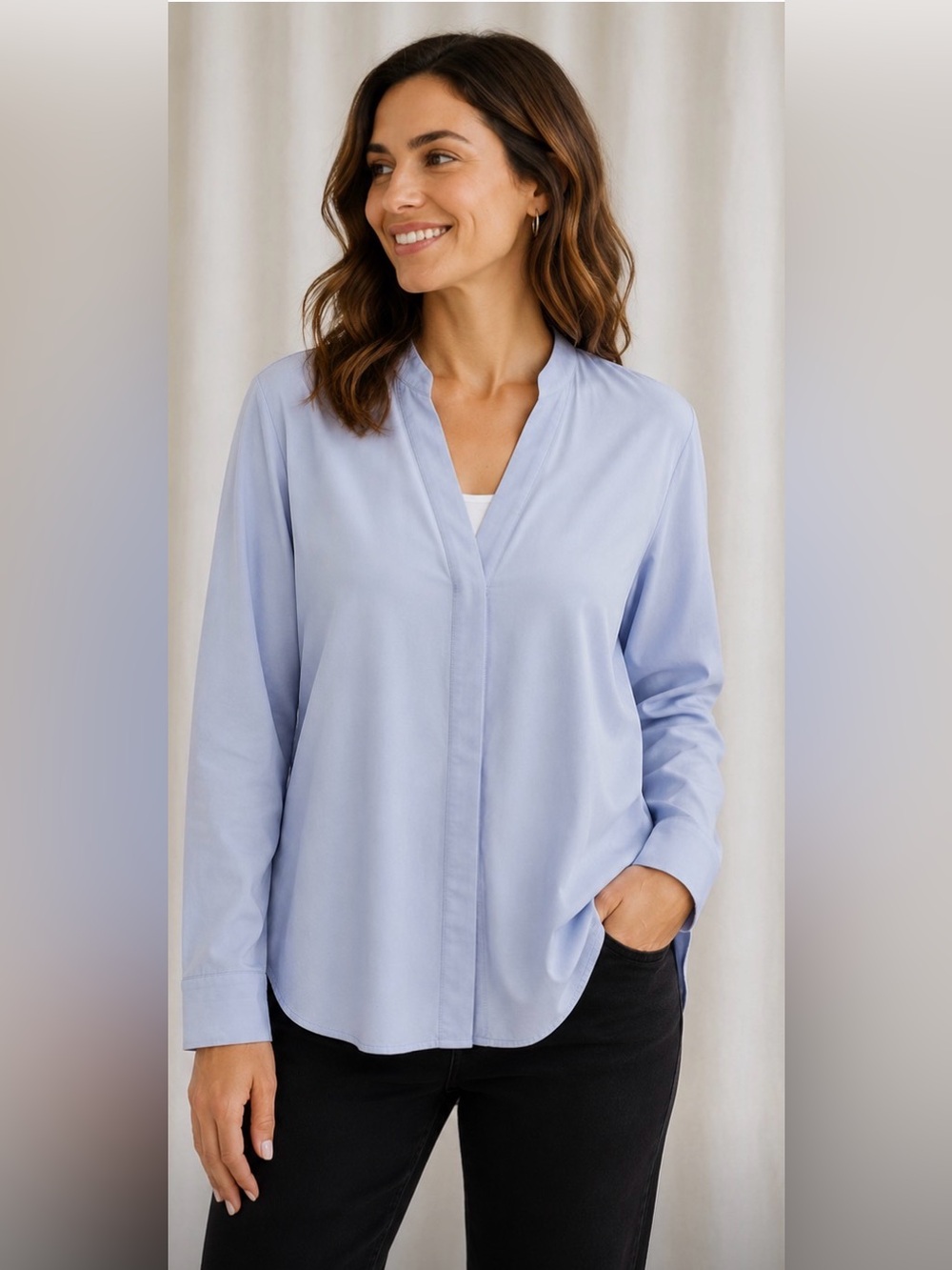 Kit and ace light blue v neck collarless long sleeve button front top XL